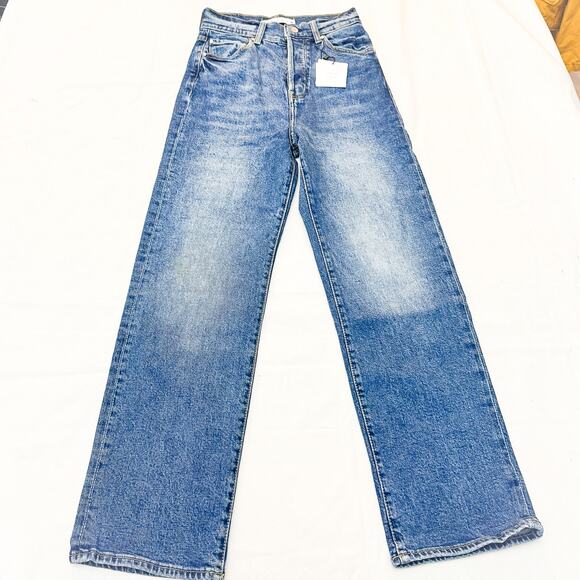 Zara Vintage Slim Denim Jeans Button Fly Size 2 Wide Leg Distressed NWT - Picture 2 of 9